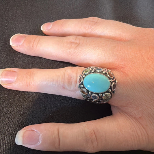 Large 925 Sterling Silver Turquoise Multi Gemstone Ring | Artisan Statement