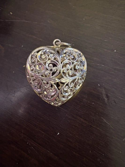 Sterling Silver Filigree Heart Locket Pendant 925 w Purple Stone Vintage