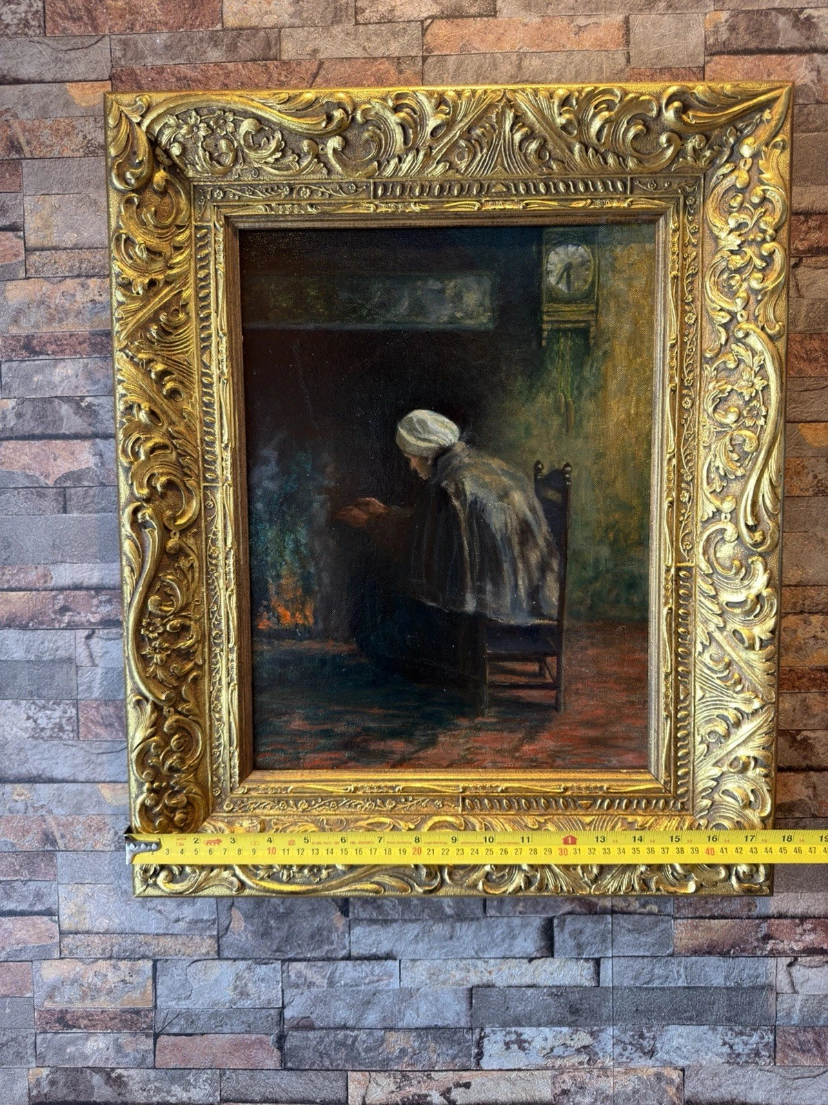 Antique Original Oil Painting – Fireside Interior Scene – Ornate Gilt Frame