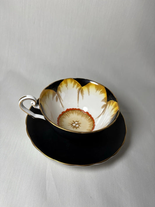 Victoria C&E Bone China “Jonquil” Teacup & Saucer Black Gold England- Crazing