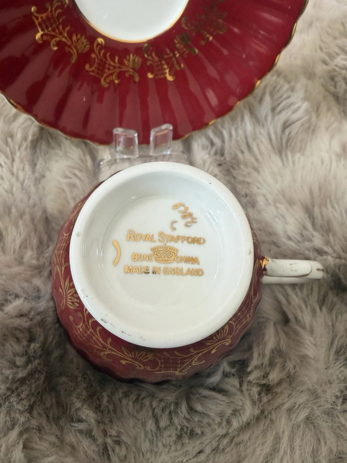 Royal Stafford England Bone China Teacup & Saucer – Deep Red & Gold Gilt
