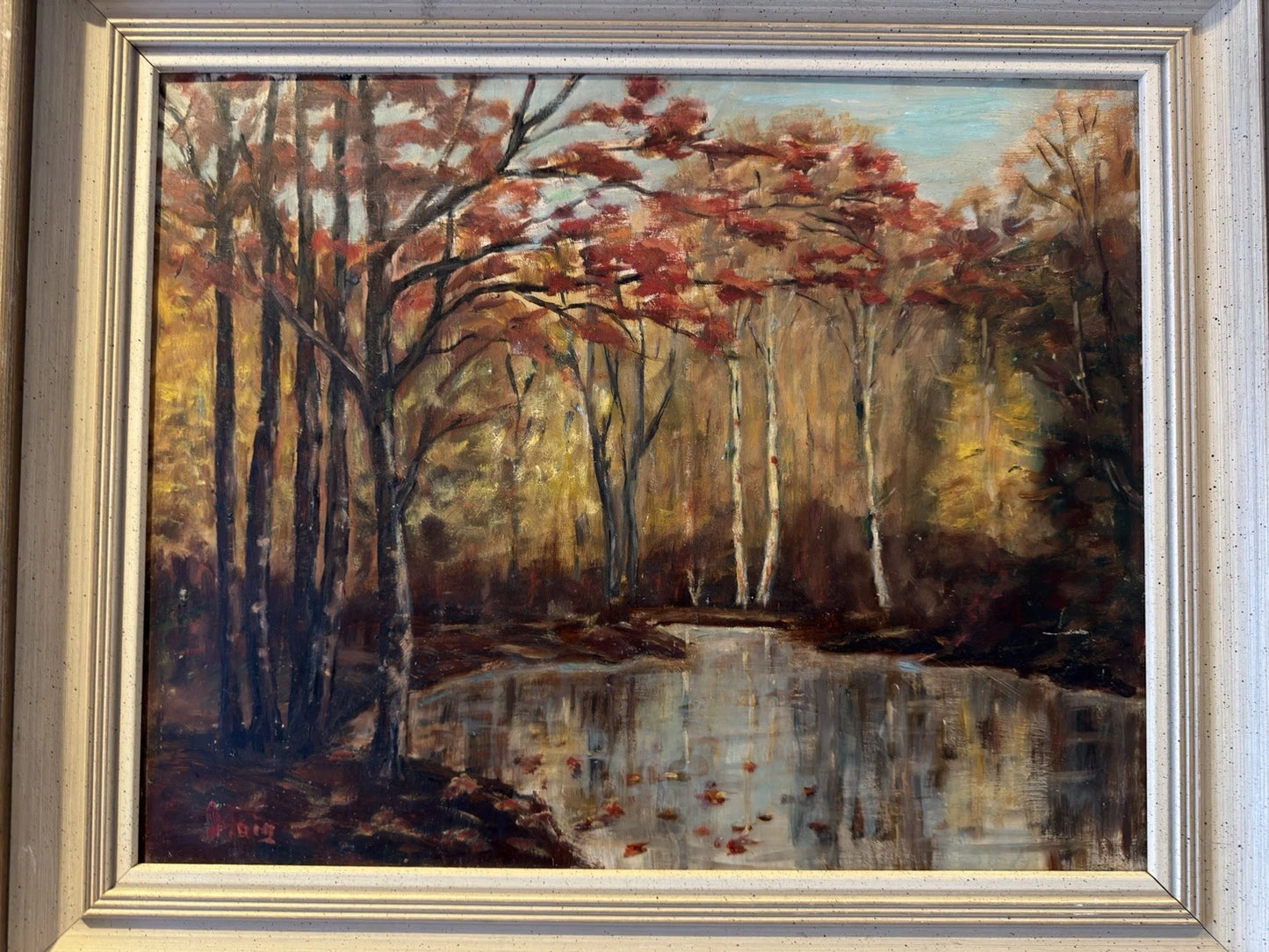 Original Oil Painting – Autumn Woodland Landscape with Pond – Framed