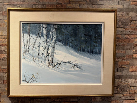 Original Oil Painting Winter Birch Forest Snow Landscape Framed