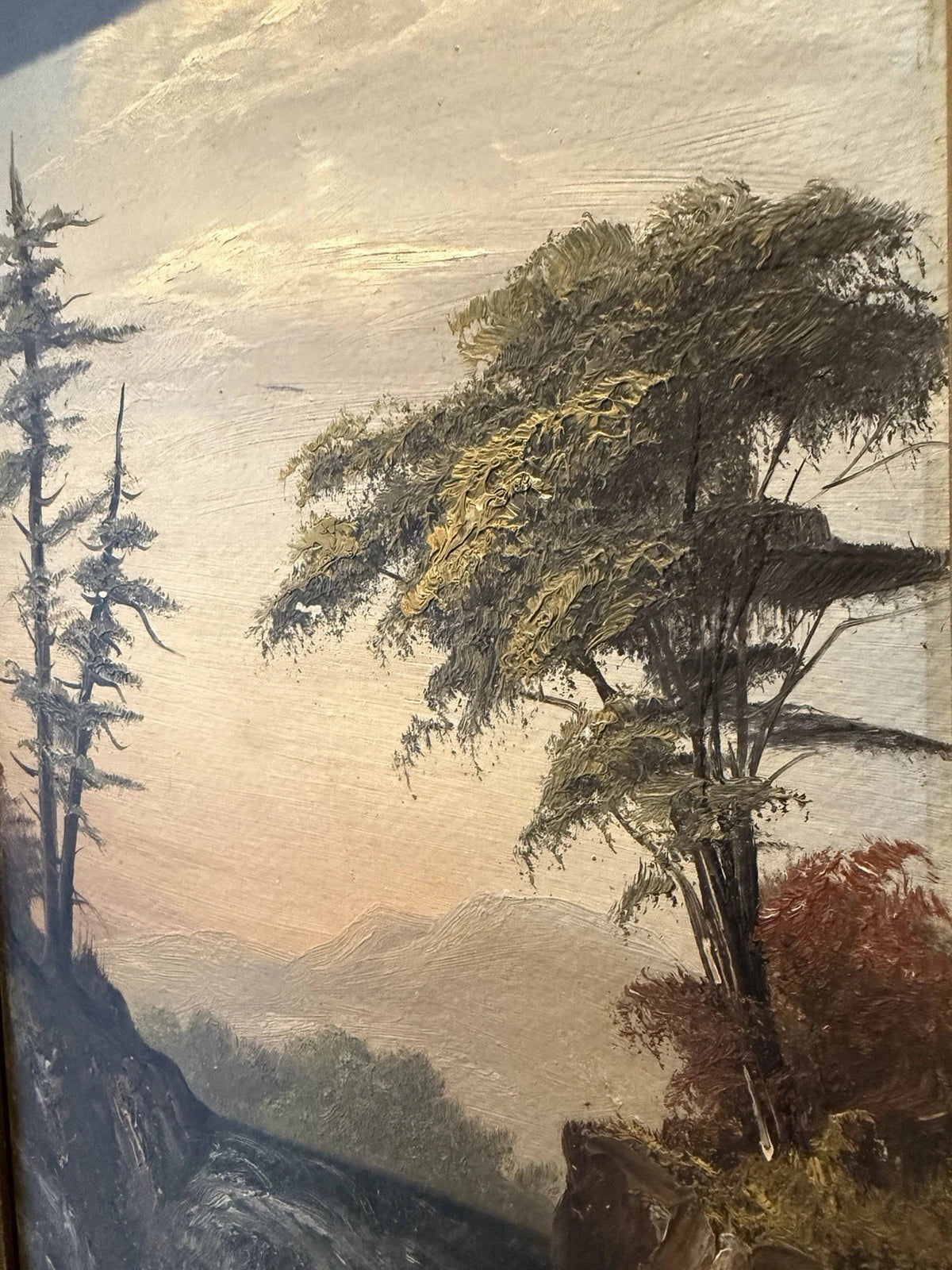 Antique Oil Painting – Dramatic Waterfall Landscape – Ornate Frame