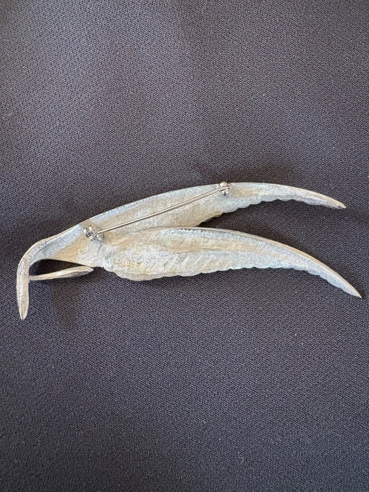 Vintage Silver Tone Double Feather Brooch Pin Brushed Metal Mid Century