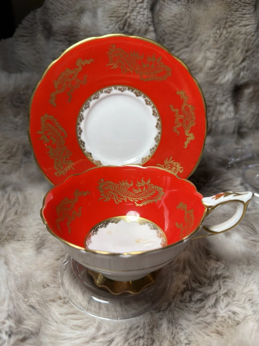 Royal Stafford Tea Cup And Saucer Red With Golden Dragons