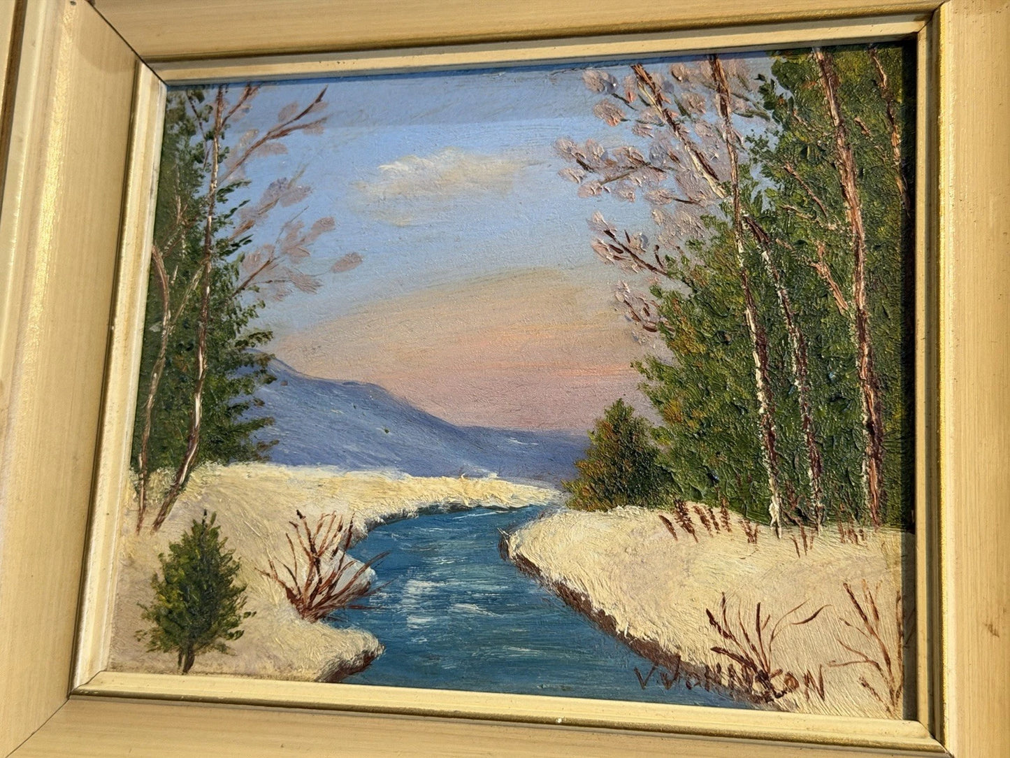 Original Oil Painting – Winter River Landscape – Vintage Framed