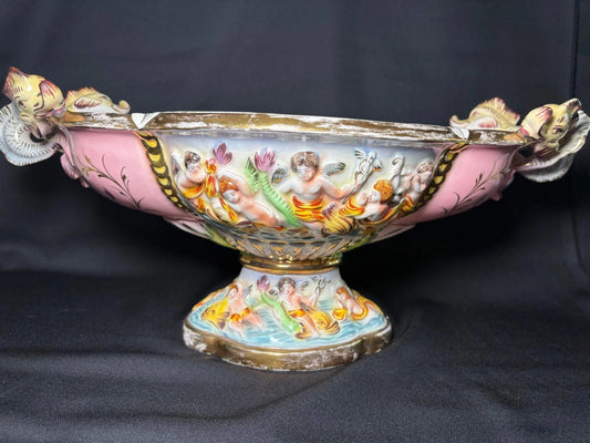 Antique Italian Capodimonte Centerpiece Bowl - Hand-Painted Cherubs Crazing