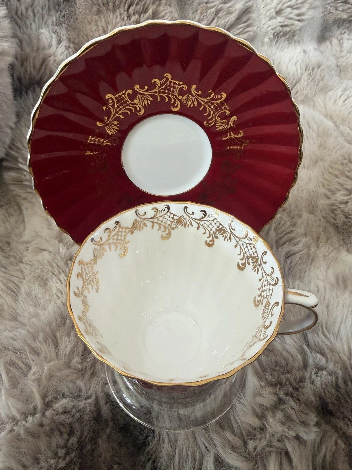 Royal Stafford England Bone China Teacup & Saucer – Deep Red & Gold Gilt