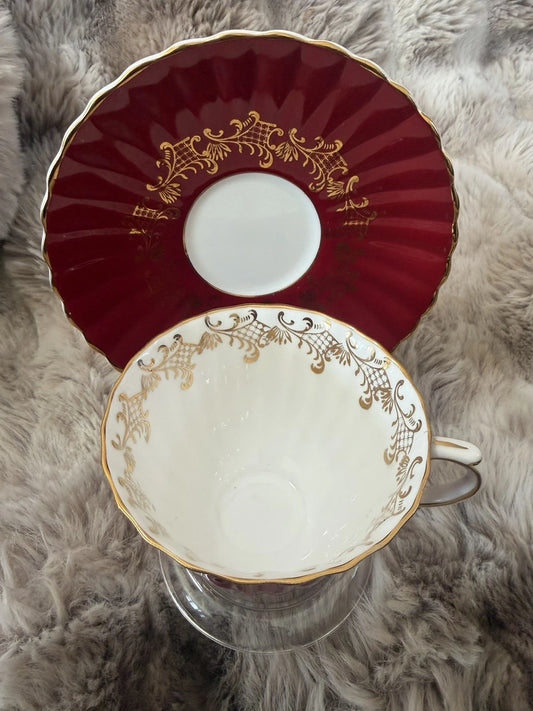 Royal Stafford England Bone China Teacup & Saucer – Deep Red & Gold Gilt