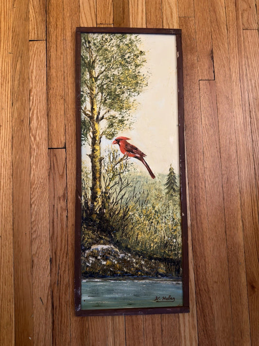 Original Oil Painting – Red Cardinal Bird Landscape – Signed K. Haley – Vintage