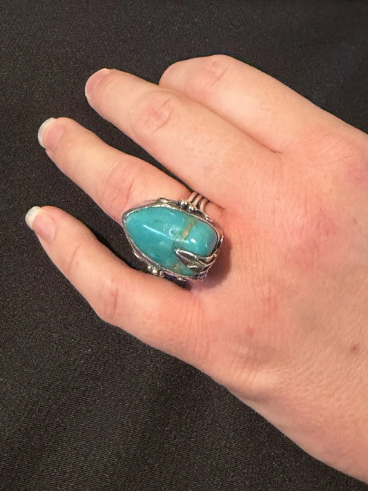 Vintage 925 Sterling Silver Turquoise Ring Size 7 Large Statement Artisan Boho
