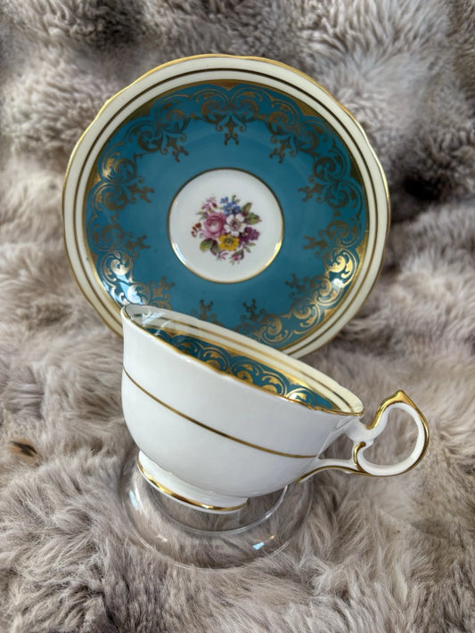 Aynsley England Turquoise Teacup & Saucer | Gold Gilt | Floral Centre - Pings