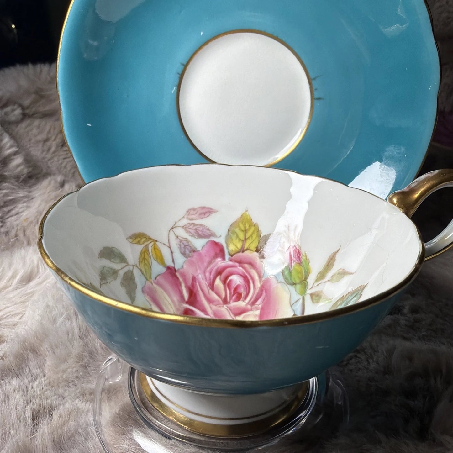 READ Aynsley G. BENTLEY Hand Painted WILD ROSE Signed Teacup Saucer - Crazing