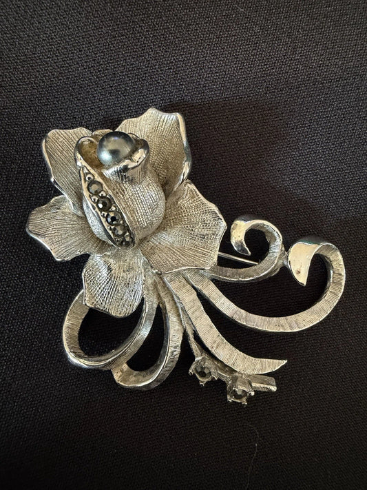 Vintage Silver Tone Flower Brooch Black Rhinestones Textured Floral Pin