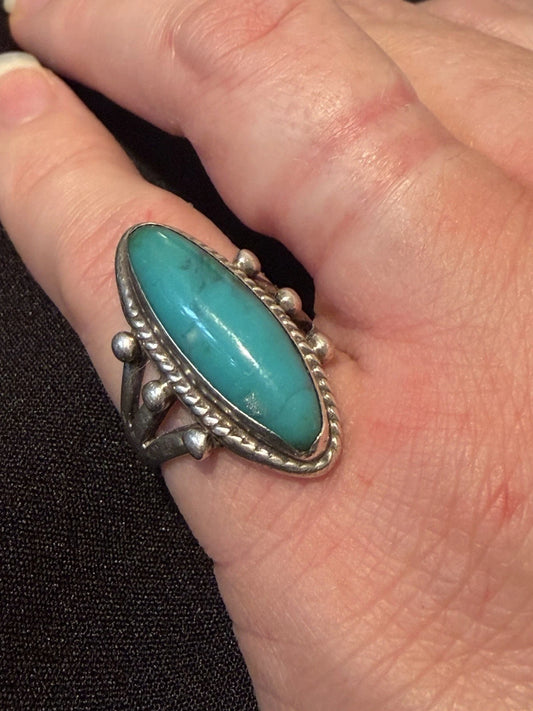 Vintage Turquoise Ring Size 6.5–6.75 Large Statement Silver Tone Artisan Style