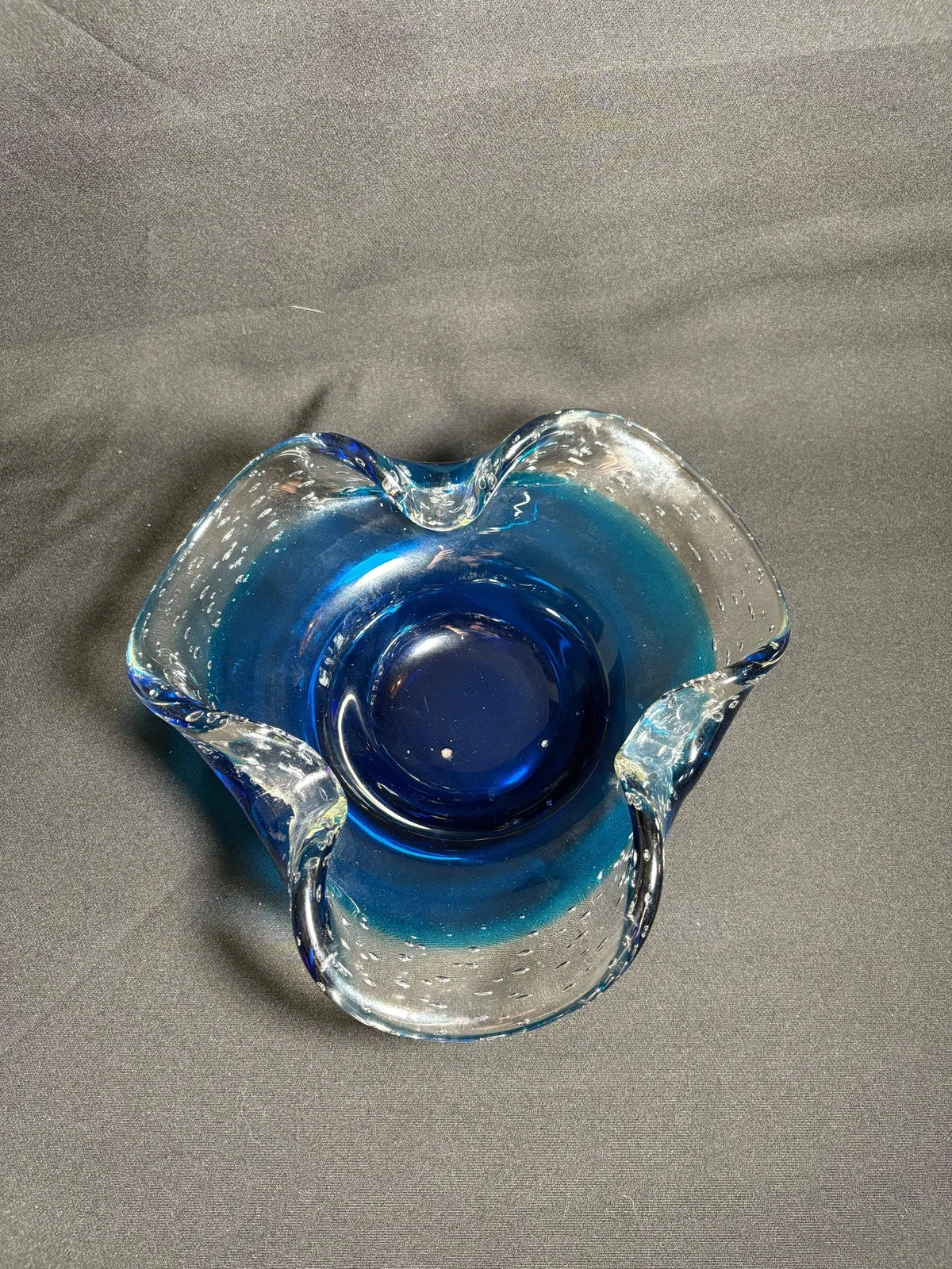 Murano Glass Bullicante Bowl – Hand-Blown Cobalt Blue & Clear Art Glass (Mid-Cen