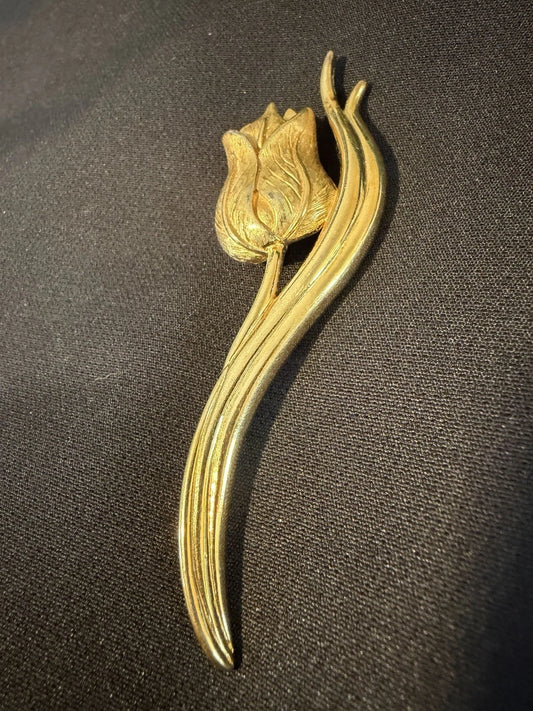 Vintage Monet Gold Tone Tulip Brooch Long Stem Floral Pin Signed