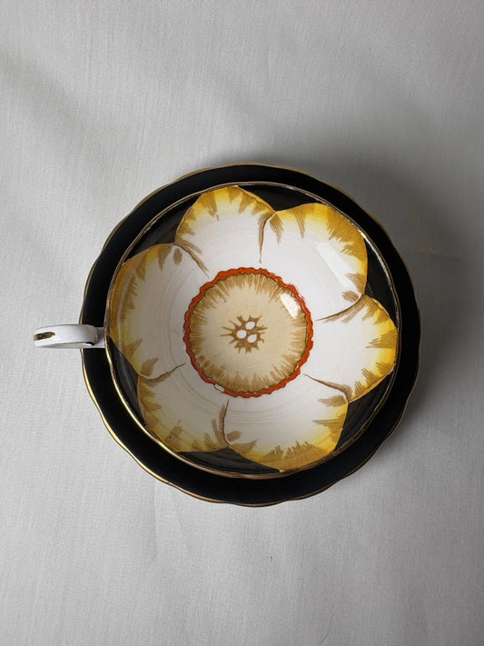 Victoria C&E Bone China “Jonquil” Teacup & Saucer Black Gold England- Crazing