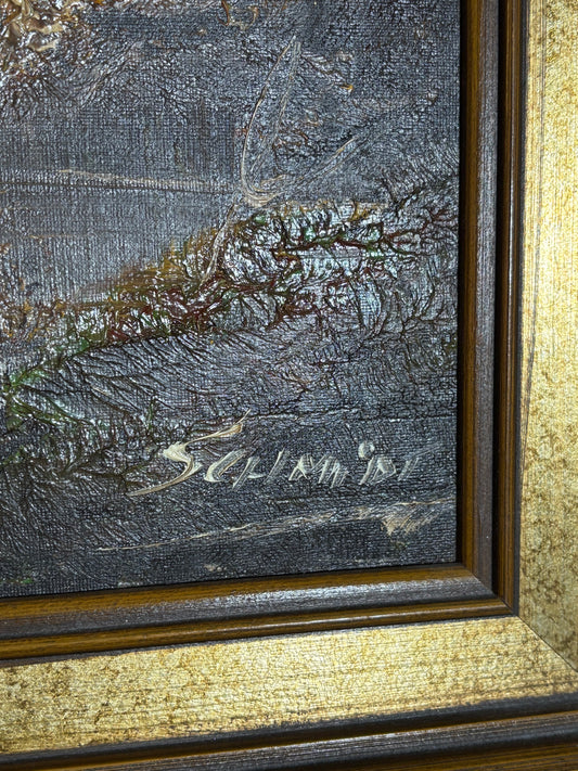 Autumn Woodland Stream – Original Oil Painting by Schmidt (Framed Vintage Landscape)