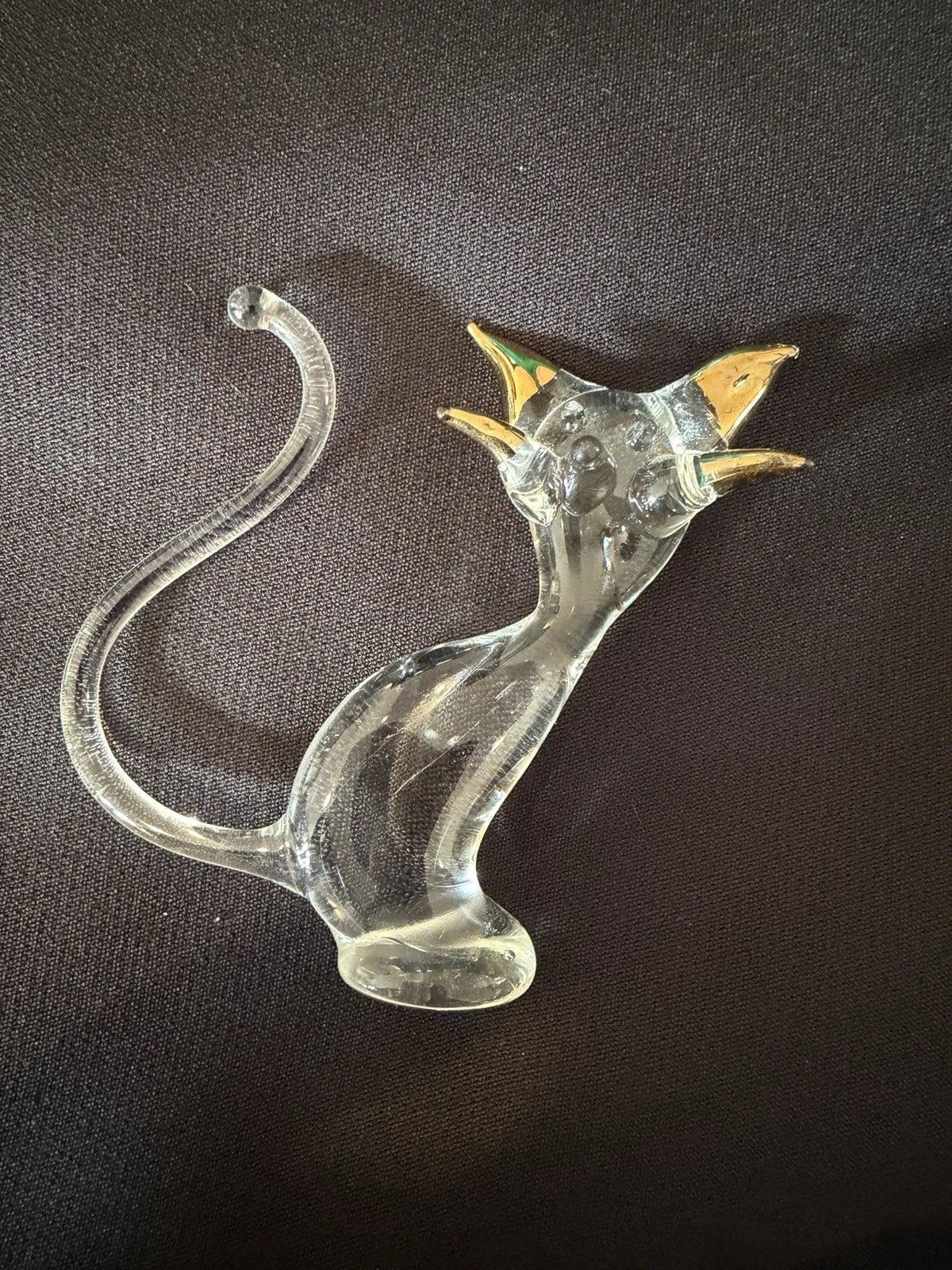 Vintage Art Glass Cat Figurine Gold Accents Long Tail Mid Century Style