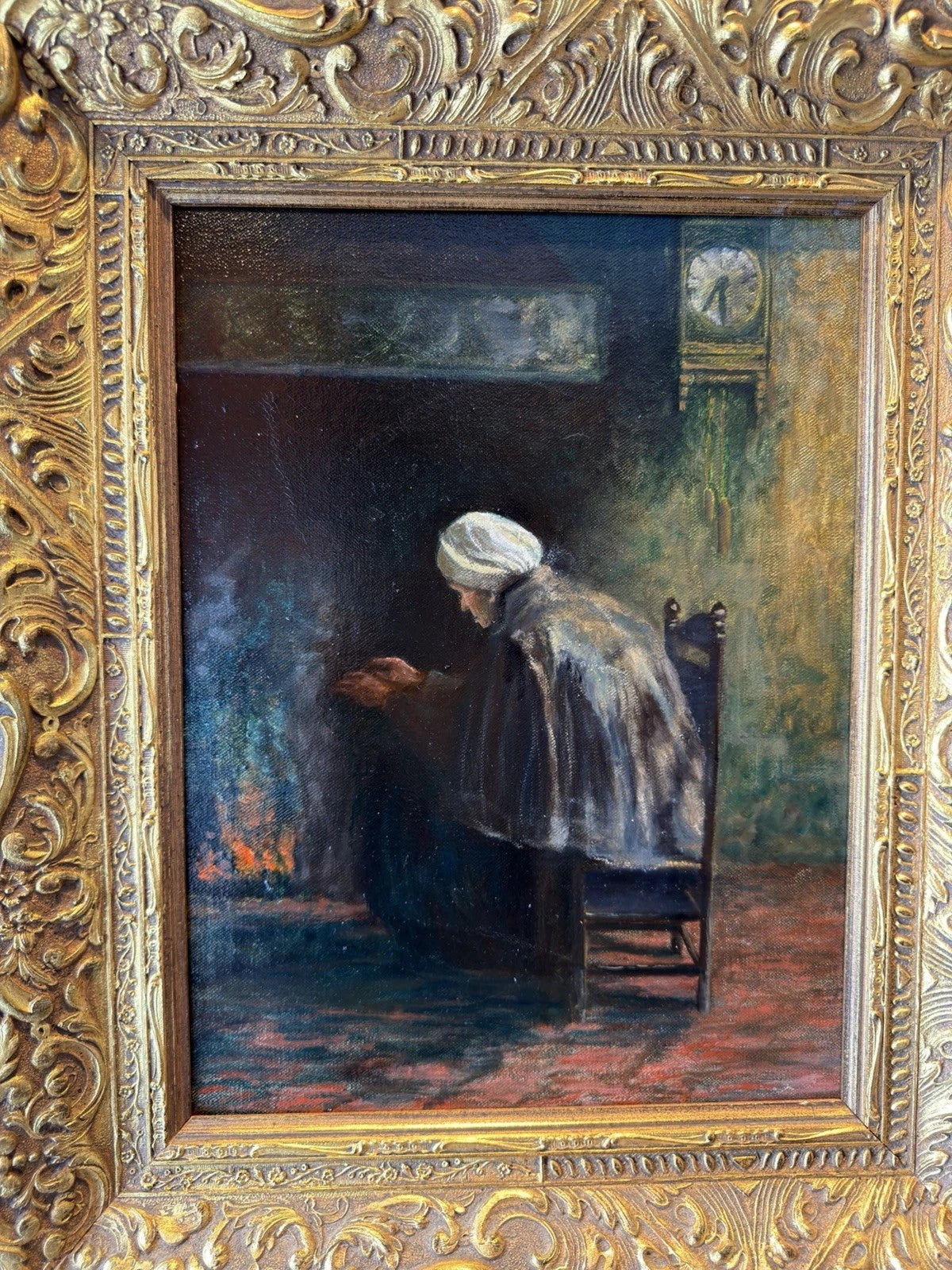 Antique Original Oil Painting – Fireside Interior Scene – Ornate Gilt Frame