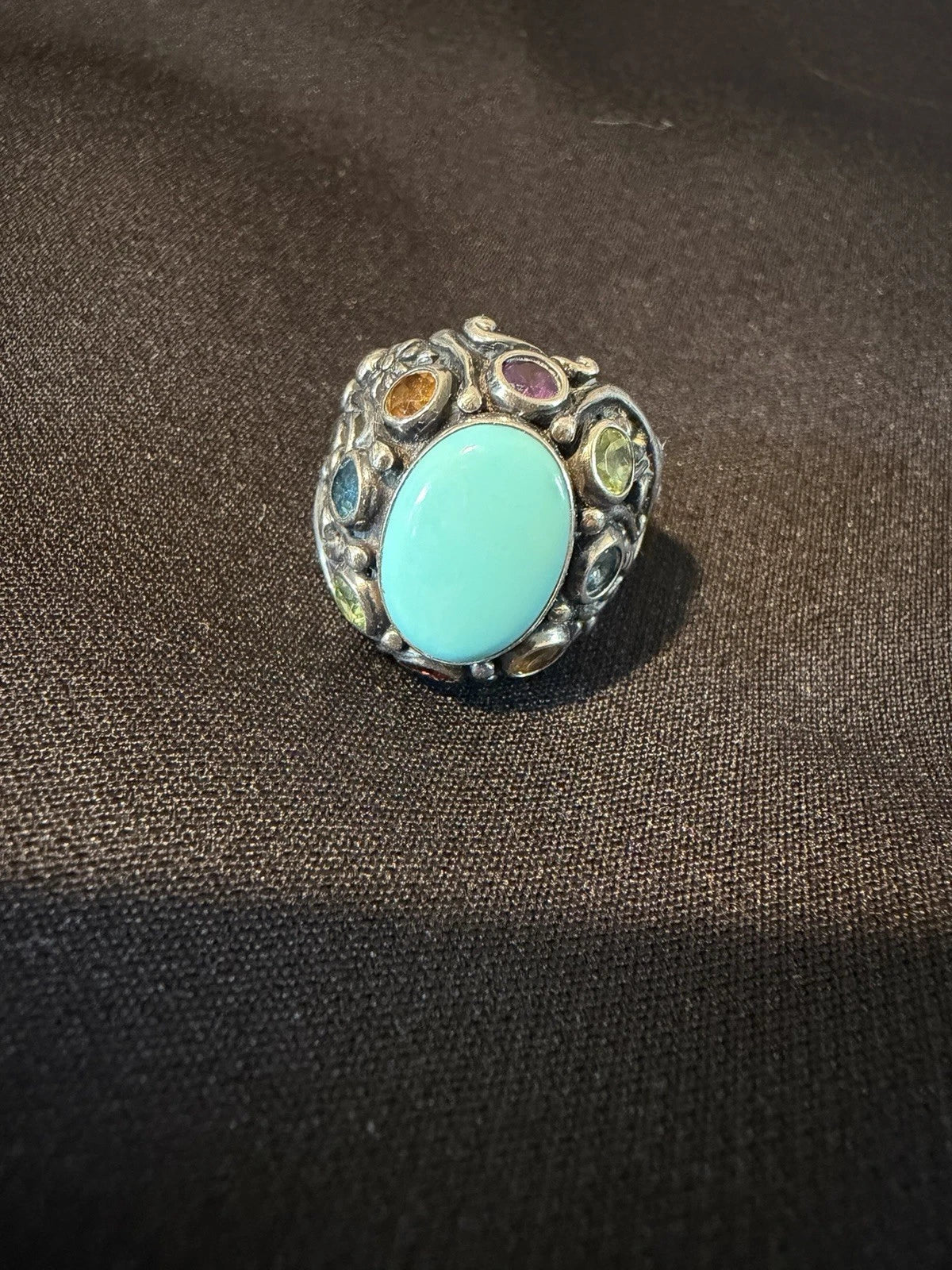 Large 925 Sterling Silver Turquoise Multi Gemstone Ring | Artisan Statement