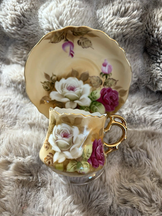 Lefton China Hand Painted Teacup & Saucer NE 1883 Roses Gold Trim Vintage - Ping