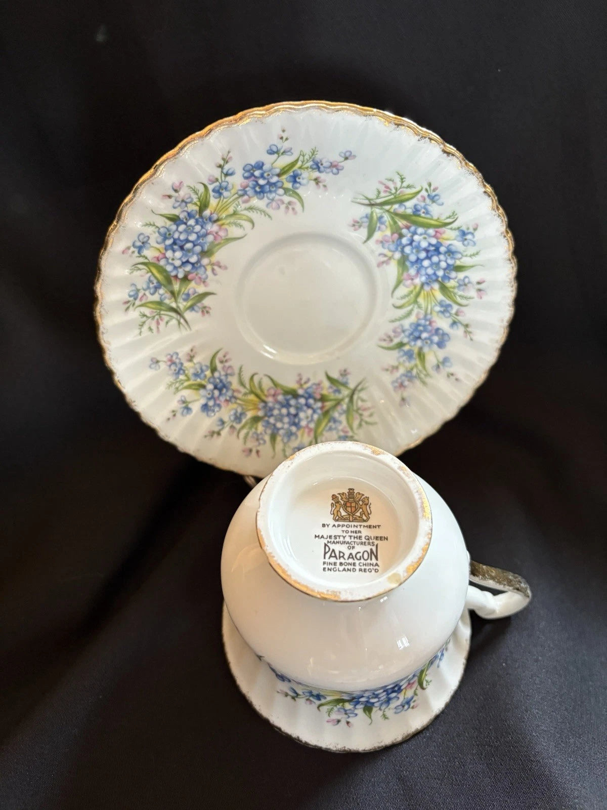 Vintage Paragon Bone China Teacup Saucer Blue Forget Me Not Floral England