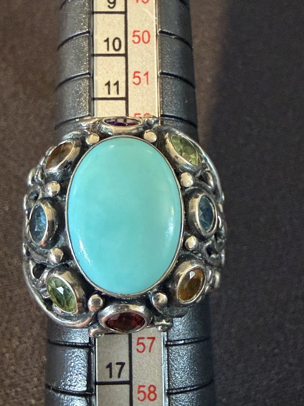 Large 925 Sterling Silver Turquoise Multi Gemstone Ring | Artisan Statement