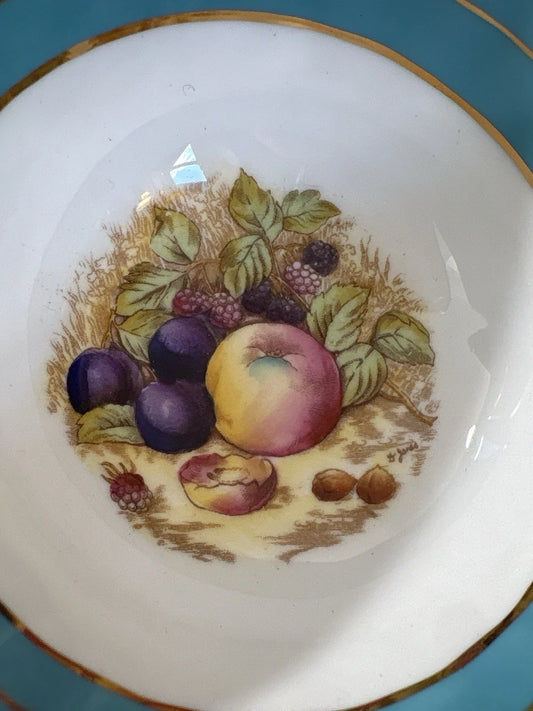Aynsley England Teal Teacup & Saucer | Gold Gilt | Signed Fruit Painting - Pings