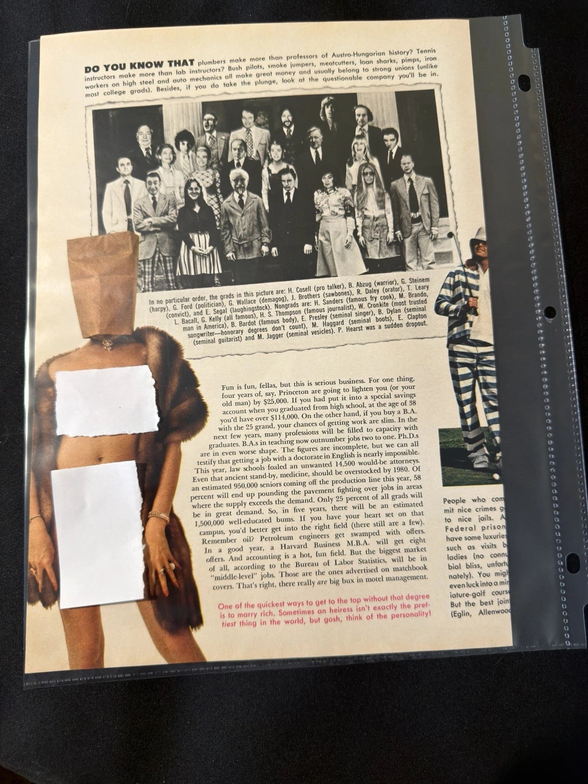 Vintage 1970s Playboy Magazine Original Double-Sided Page College Ephemera