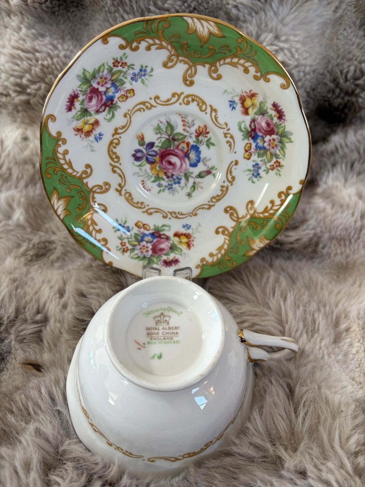 Royal Albert Bone China Teacup & Saucer Albany Green Gold Trim England- Pings