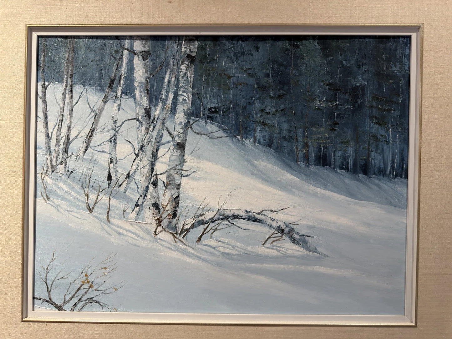 Original Oil Painting Winter Birch Forest Snow Landscape Framed