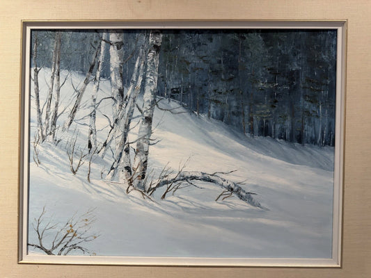 Original Oil Painting Winter Birch Forest Snow Landscape Framed