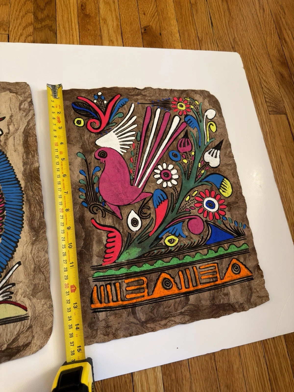Pair of Vintage Mexican Folk Art Paintings on Tree Bark – Hand-Painted