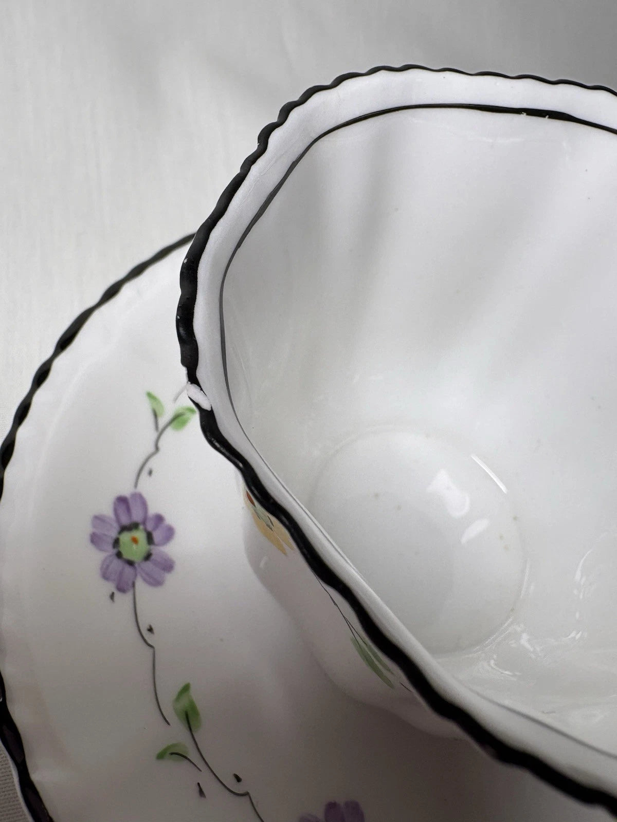 Phoenix China England Cup & Saucer Floral Black Trim Vintage- Small Chip- Pings