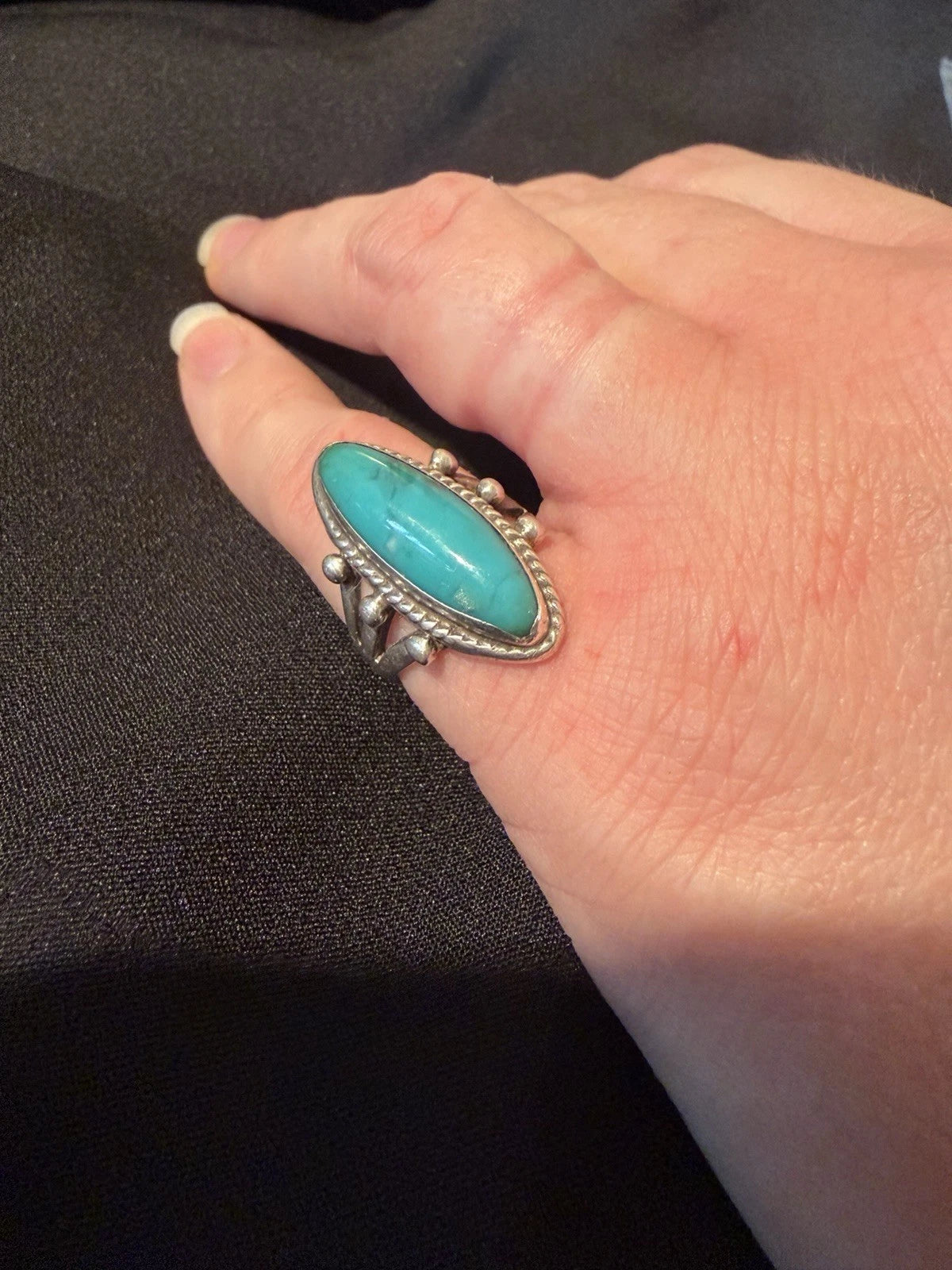 Vintage Turquoise Ring Size 6.5–6.75 Large Statement Silver Tone Artisan Style