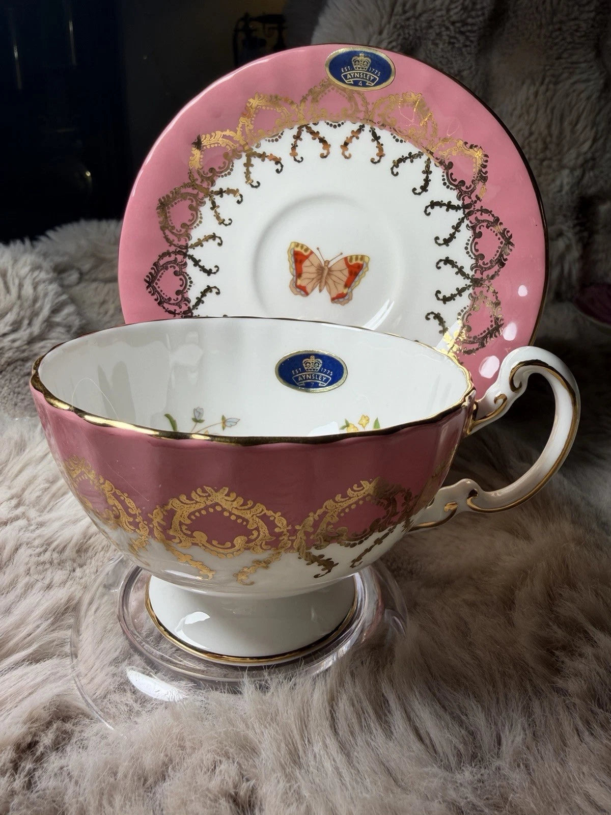 Aynsley Oban Cottage Garden Teacup & Saucer Bone China Butterfly Pink/Purple