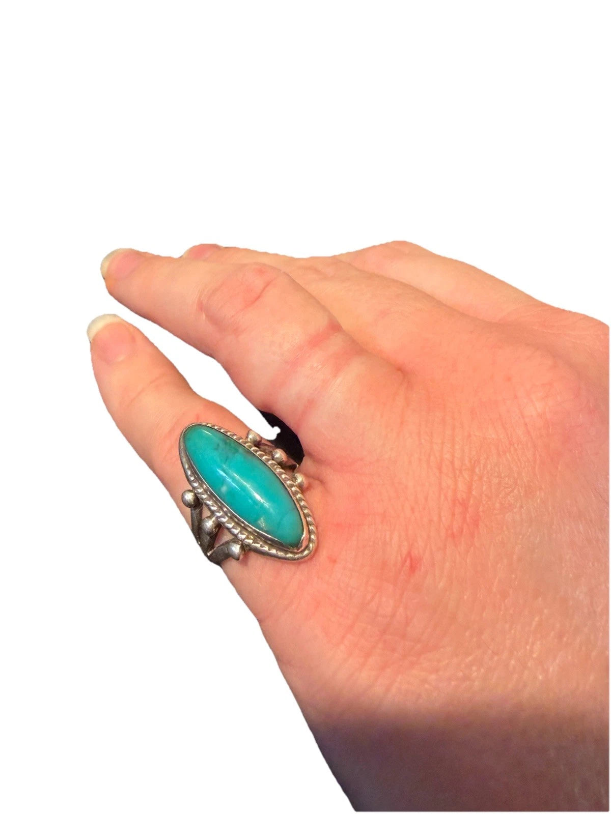 Vintage Turquoise Ring Size 6.5–6.75 Large Statement Silver Tone Artisan Style