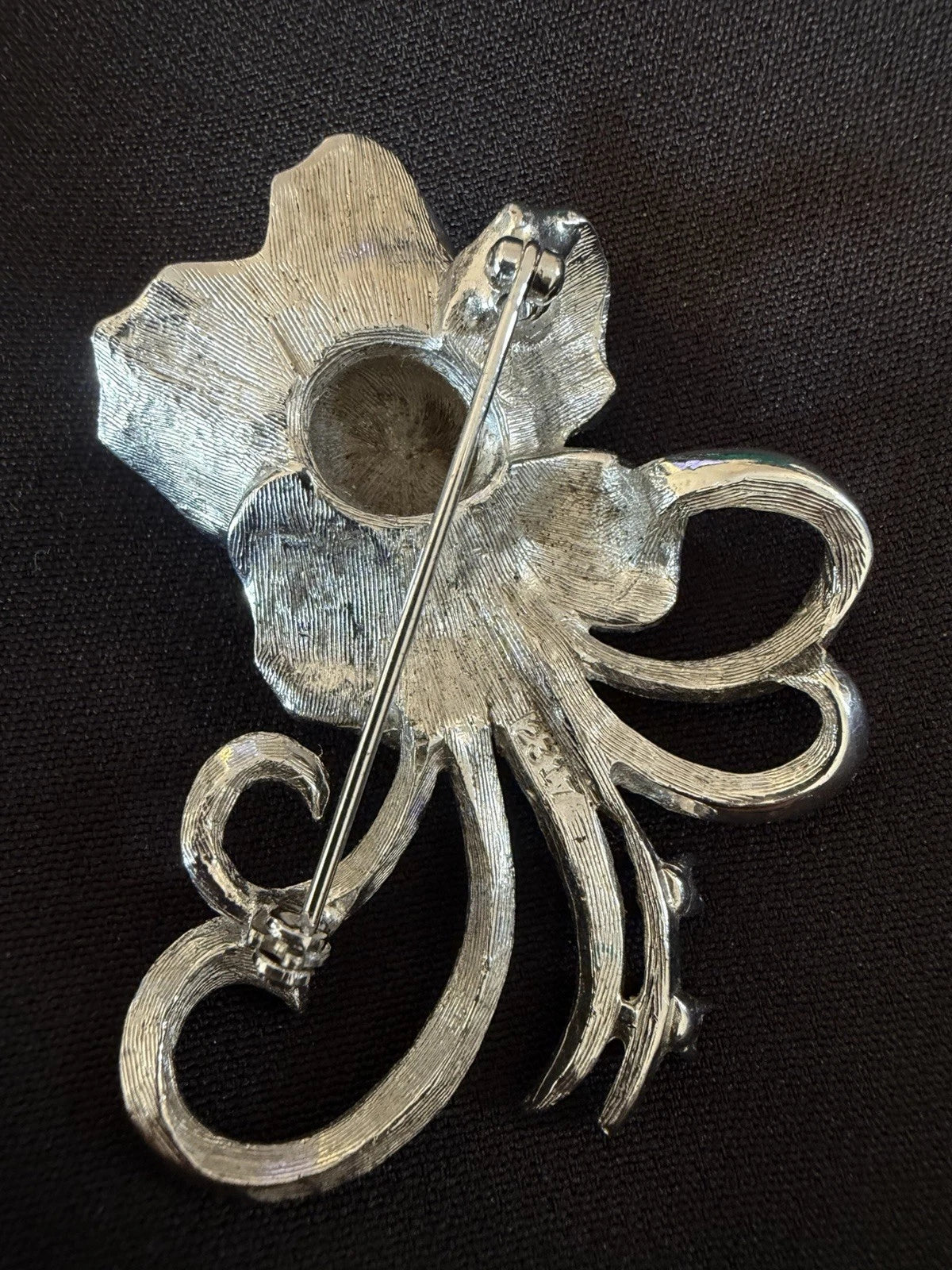 Vintage Silver Tone Flower Brooch Black Rhinestones Textured Floral Pin