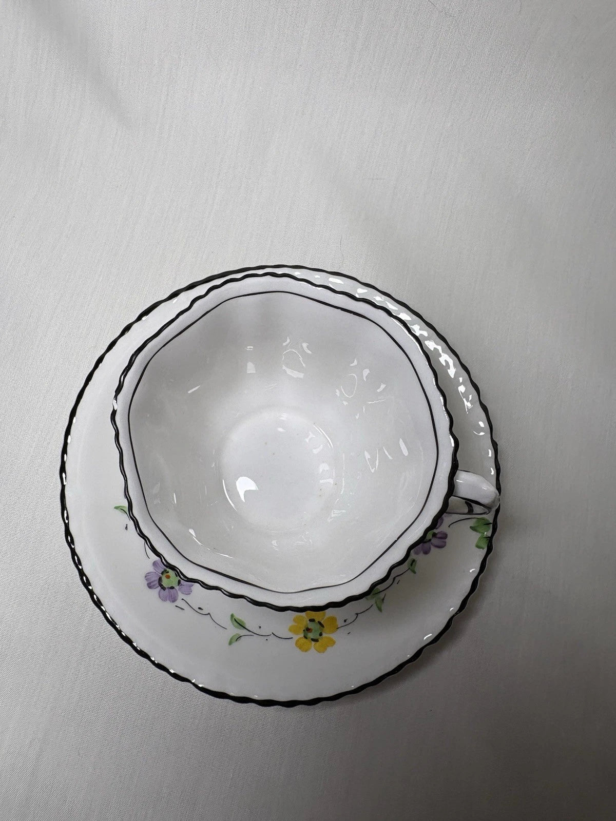 Phoenix China England Cup & Saucer Floral Black Trim Vintage- Small Chip- Pings