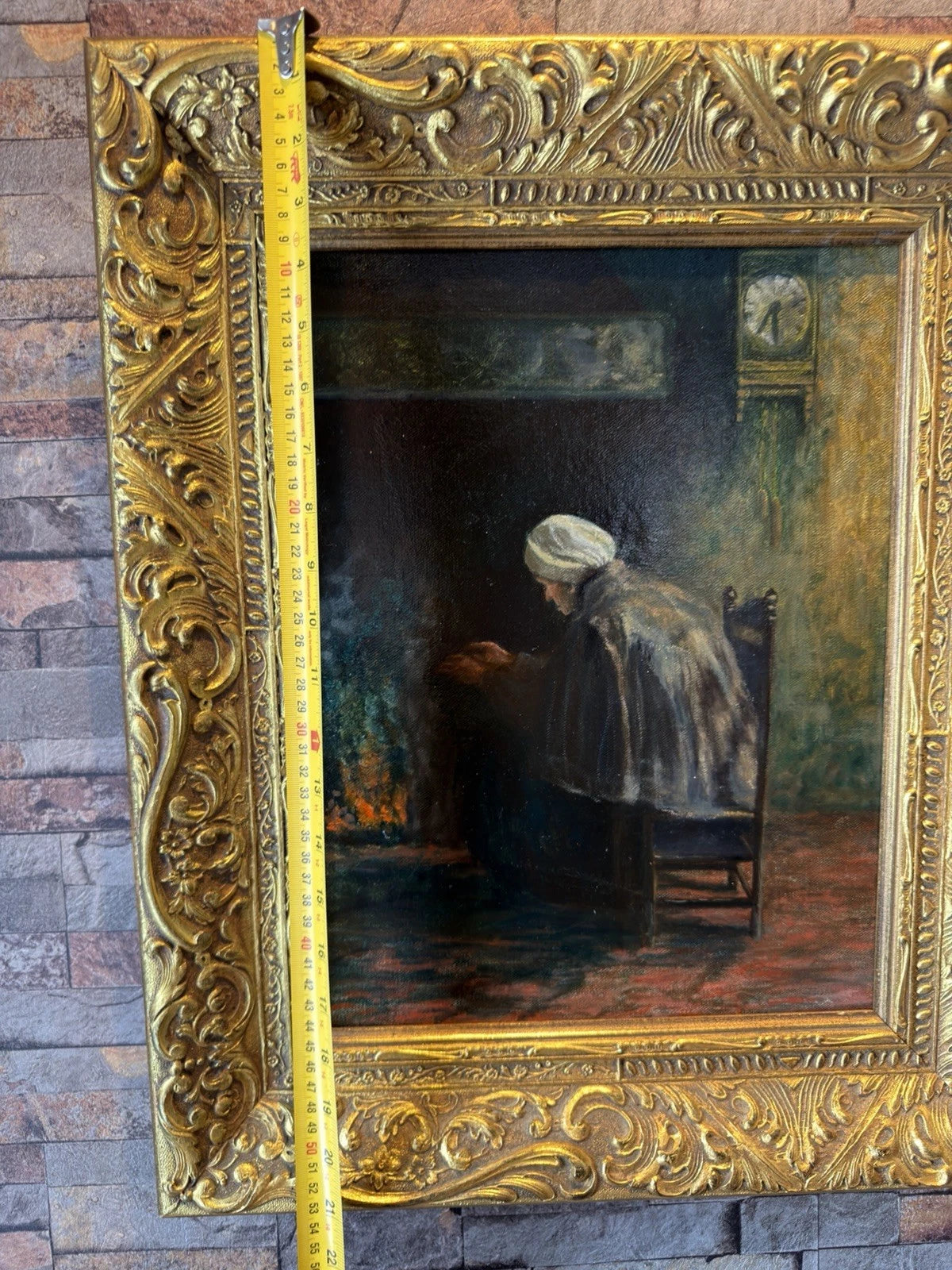 Antique Original Oil Painting – Fireside Interior Scene – Ornate Gilt Frame
