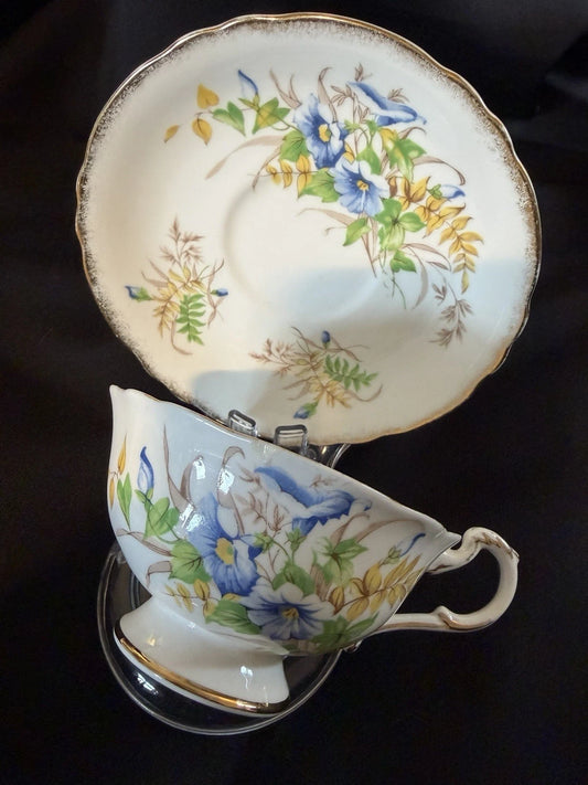 Vintage Paragon Fine Bone China Teacup Saucer Set Blue Floral Gold