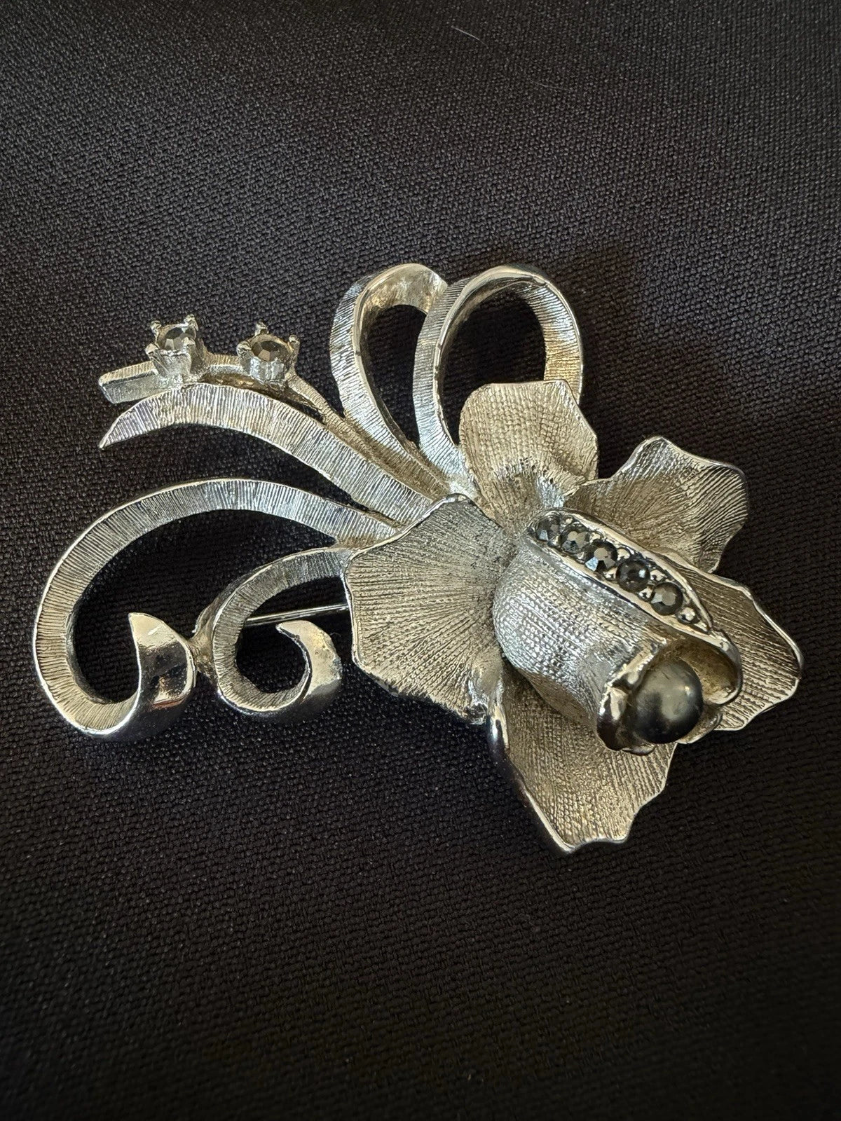 Vintage Silver Tone Flower Brooch Black Rhinestones Textured Floral Pin