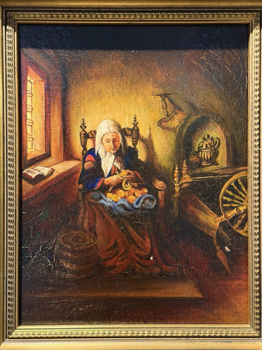 Antique Style Oil Painting Woman Cutting Fruit Interior Scene Ornate Gilt Frame