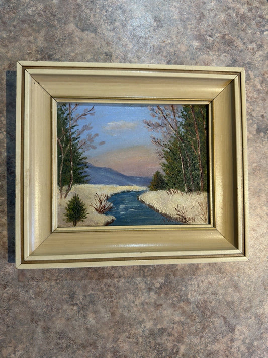Original Oil Painting – Winter River Landscape – Vintage Framed