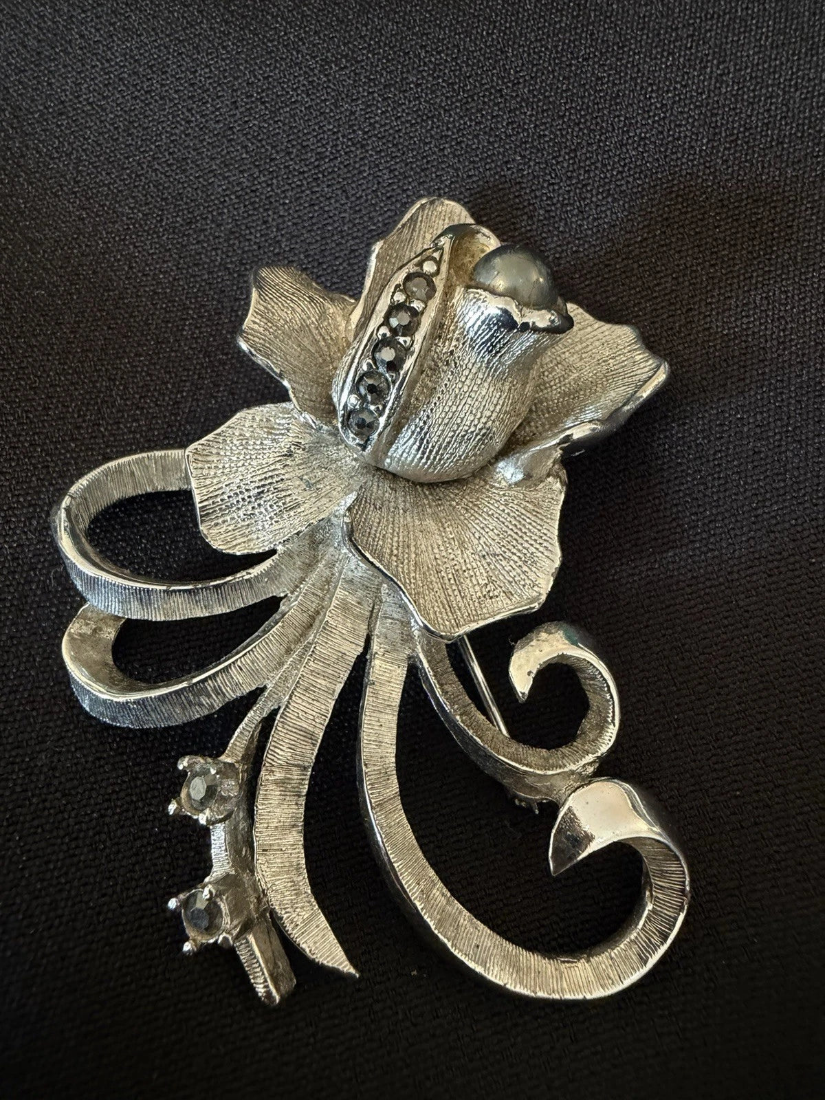 Vintage Silver Tone Flower Brooch Black Rhinestones Textured Floral Pin