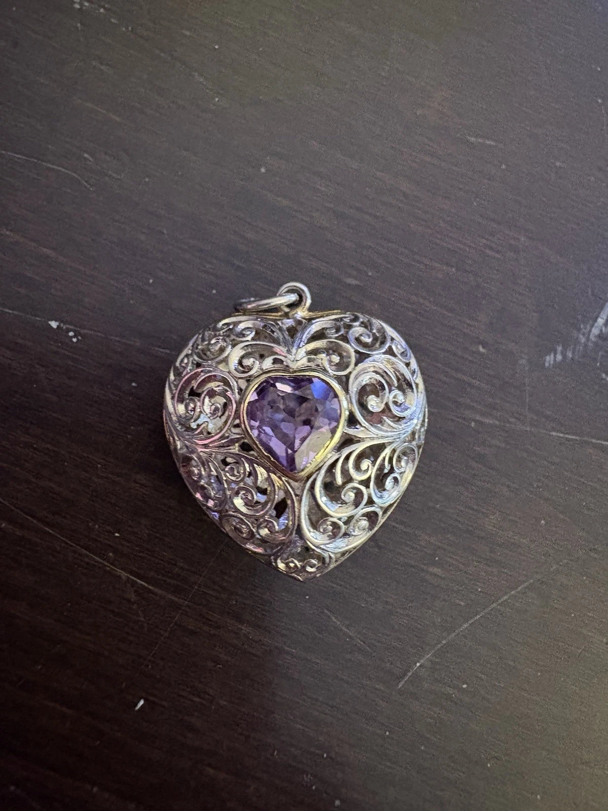 Sterling Silver Filigree Heart Locket Pendant 925 w Purple Stone Vintage