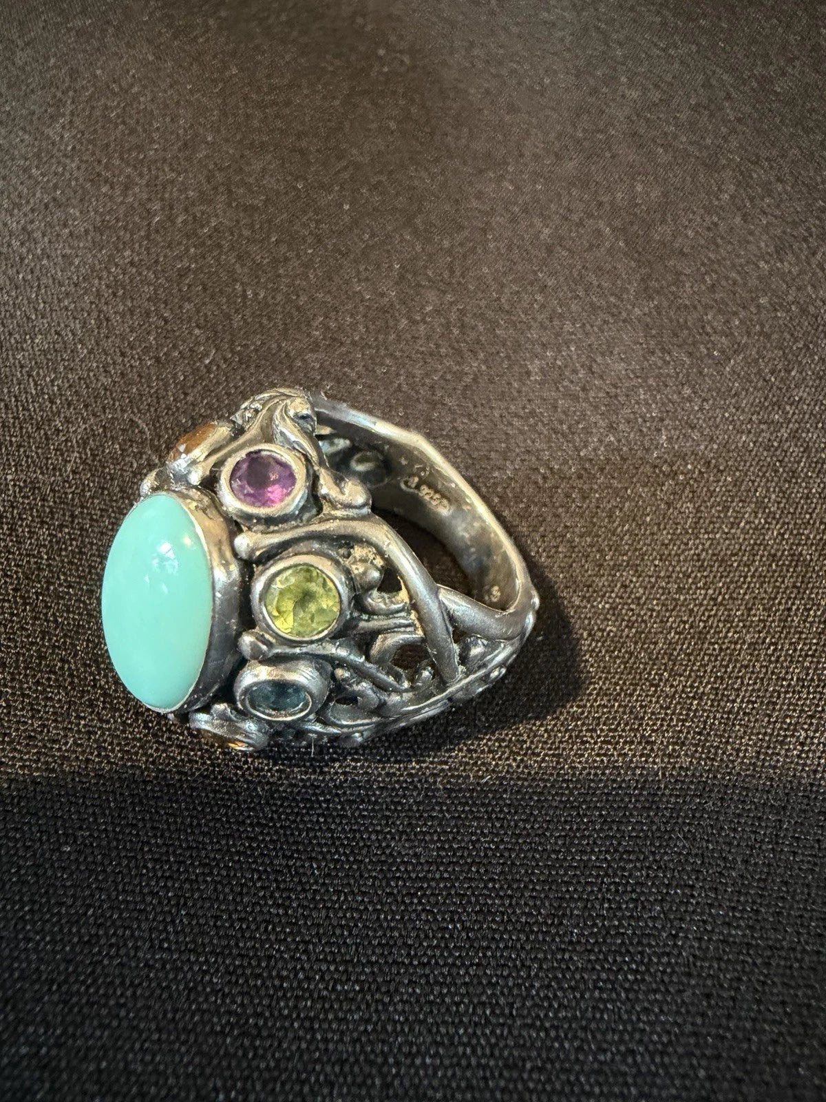 Large 925 Sterling Silver Turquoise Multi Gemstone Ring | Artisan Statement